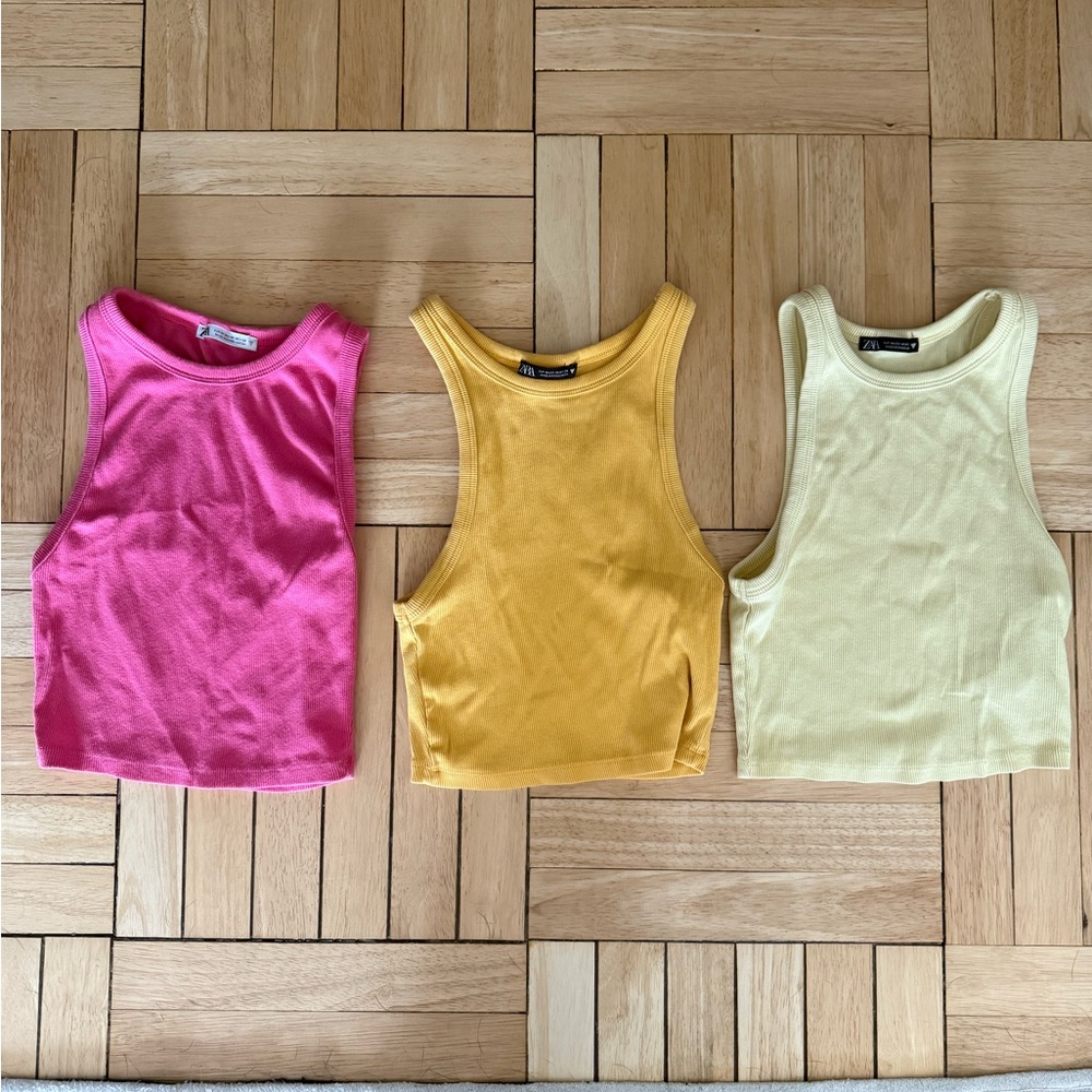 Bundle of Three Zara Sleeveless Tops in Pink, Yellow, and Baby Yellow